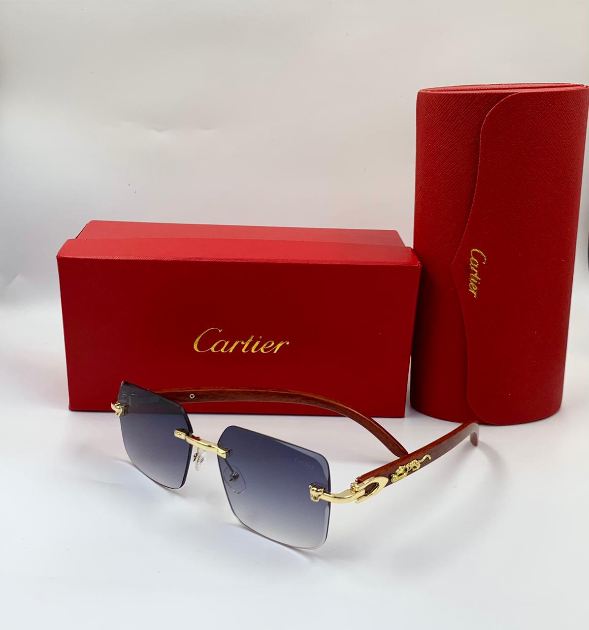 Cartier Panthère de Cartier Rimless Sunglasses (Gold/Wood/Blue Gradient)