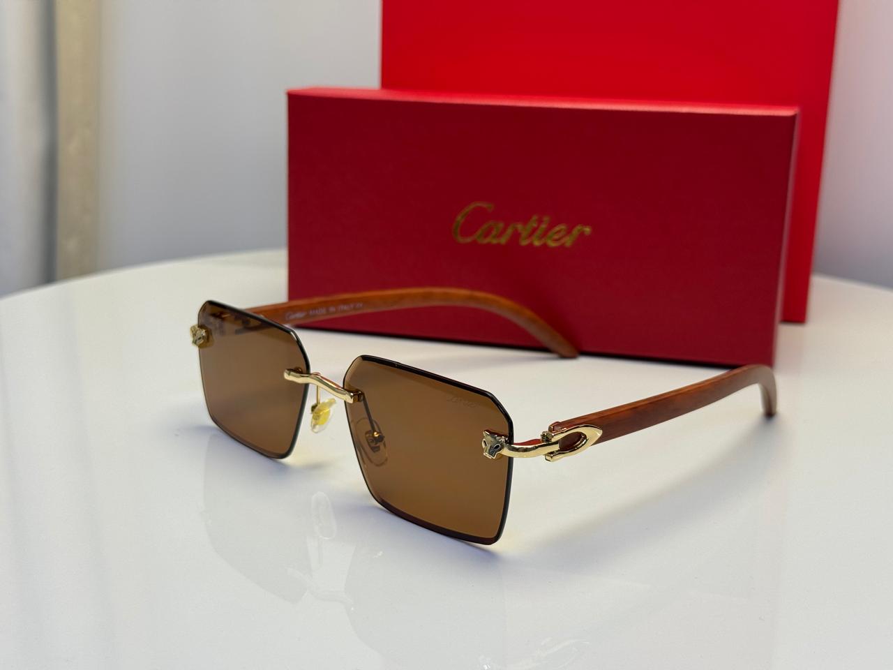 Cartier Panthère de Cartier Rimless Sunglasses (Gold/Solid Brown/Wood)