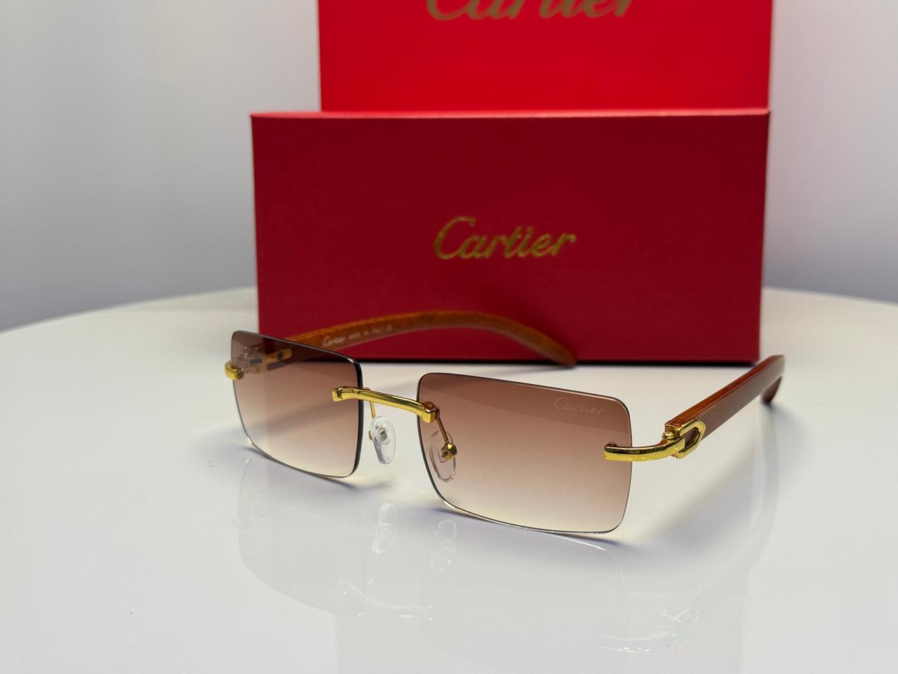 Cartier C Décor Rectangular Wood Sunglasses (Gold/Brown Gradient)