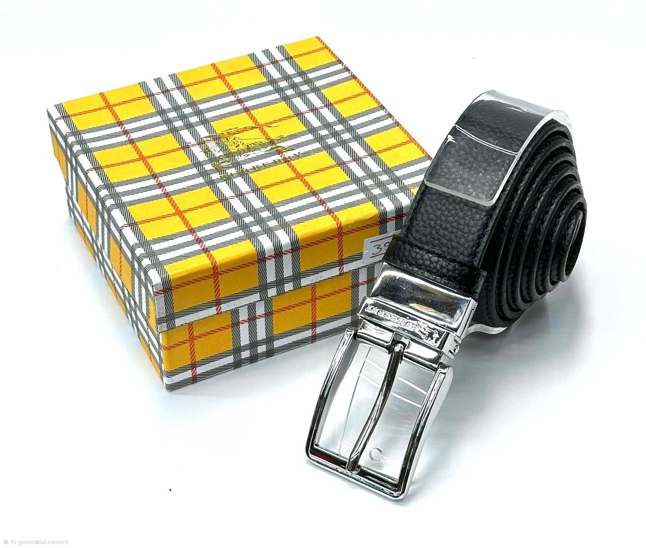 Burberry Square Frame Buckle Textured Leather Belt (Black/Silver)