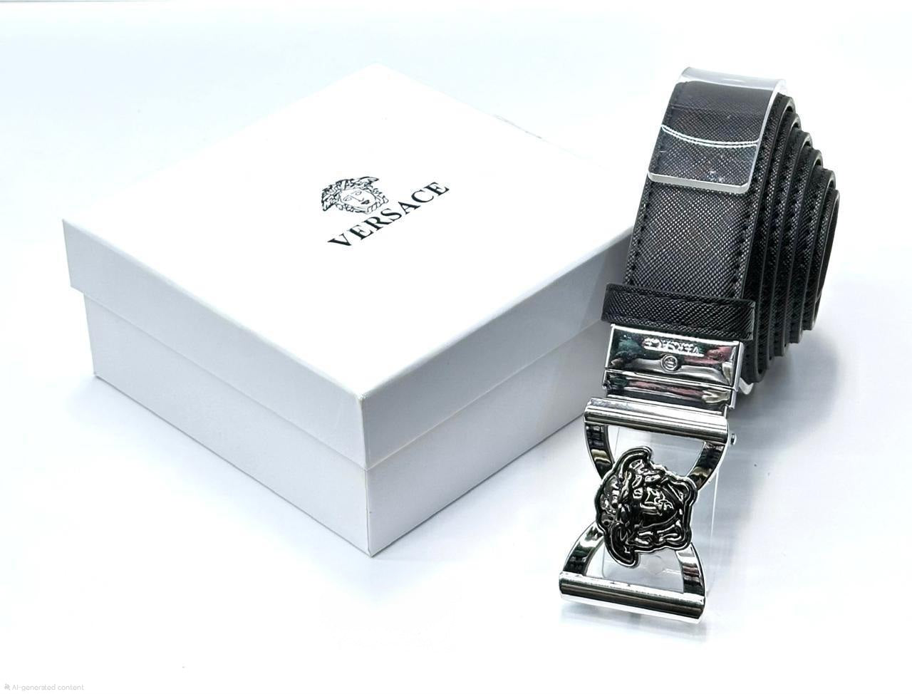 Versace Medusa Buckle Saffiano Leather Belt (Black/Silver)