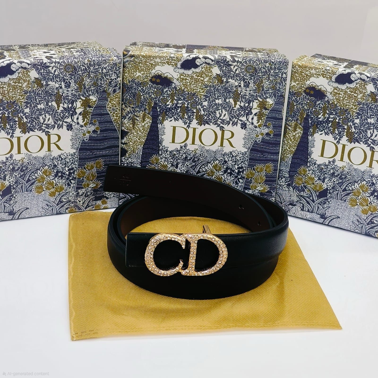 Dior 30 Montaigne Belt (Black with Crystal Buckle)