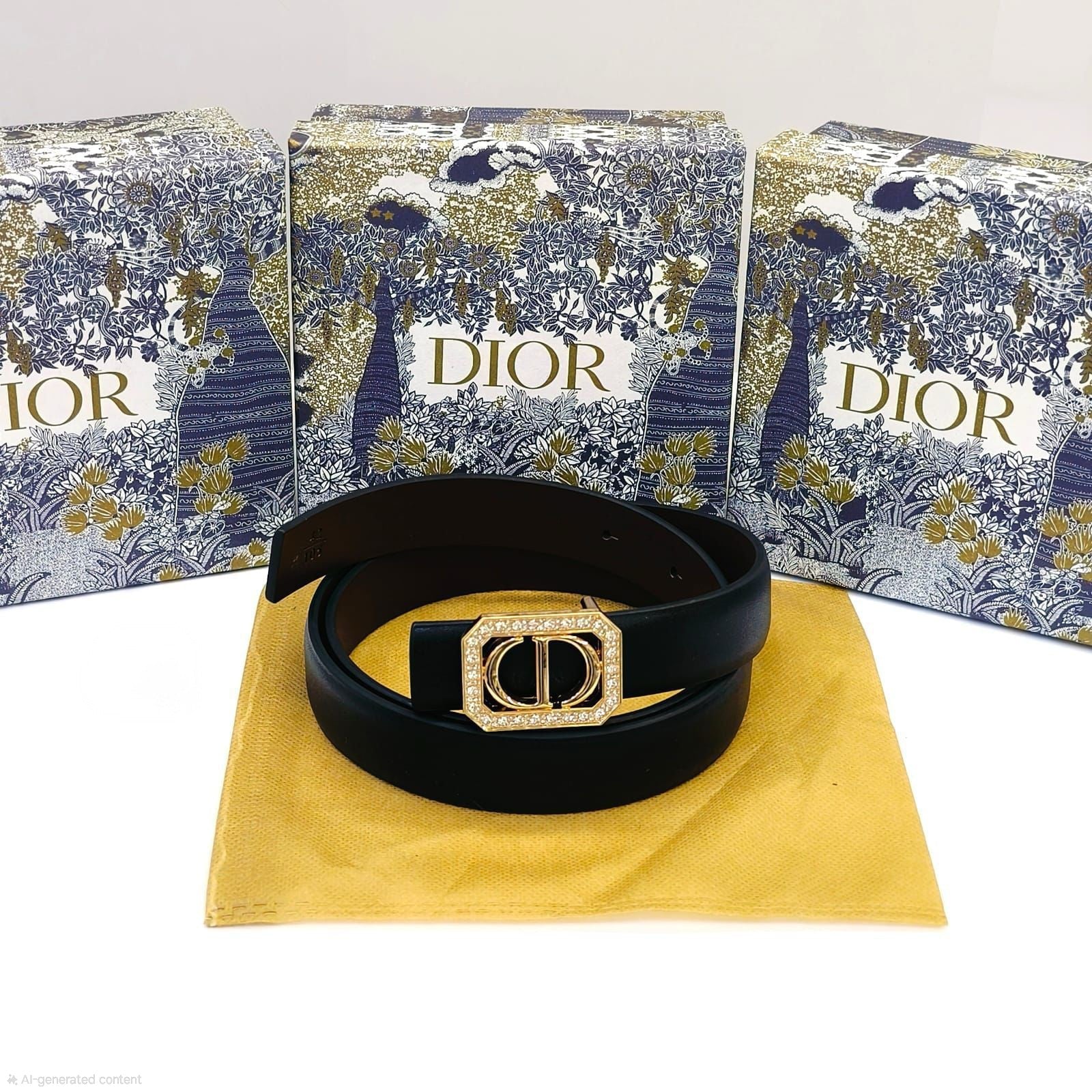 Dior Montaigne Crystal Frame Belt (Black)