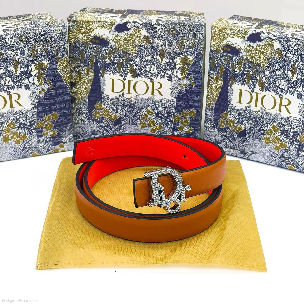 Dior Oblique Crystal Buckle Belt (Tan/Red)