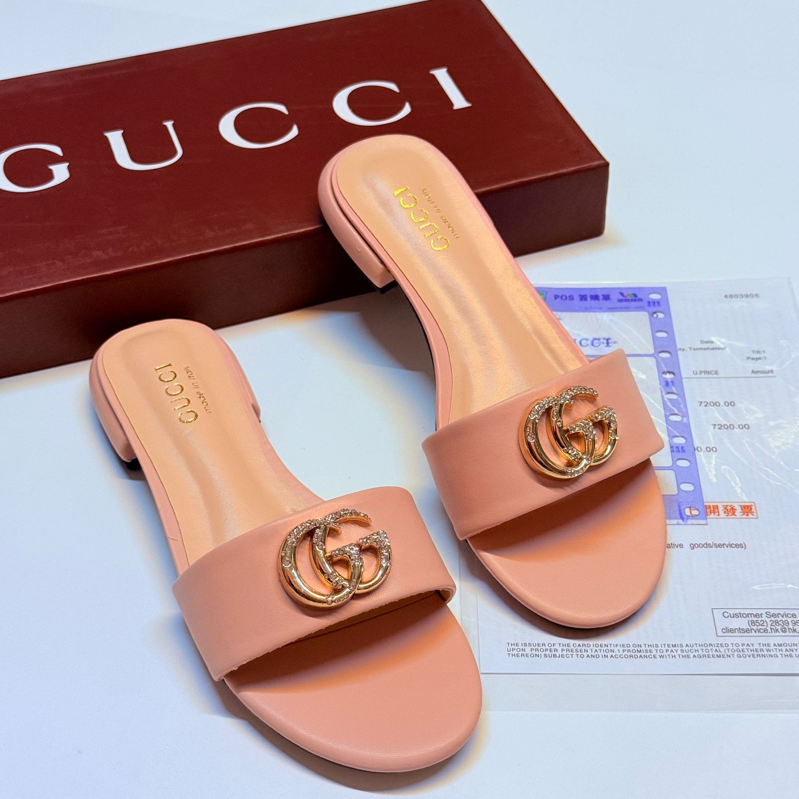 Gucci Double G Slide Sandal with Crystals (Pink)