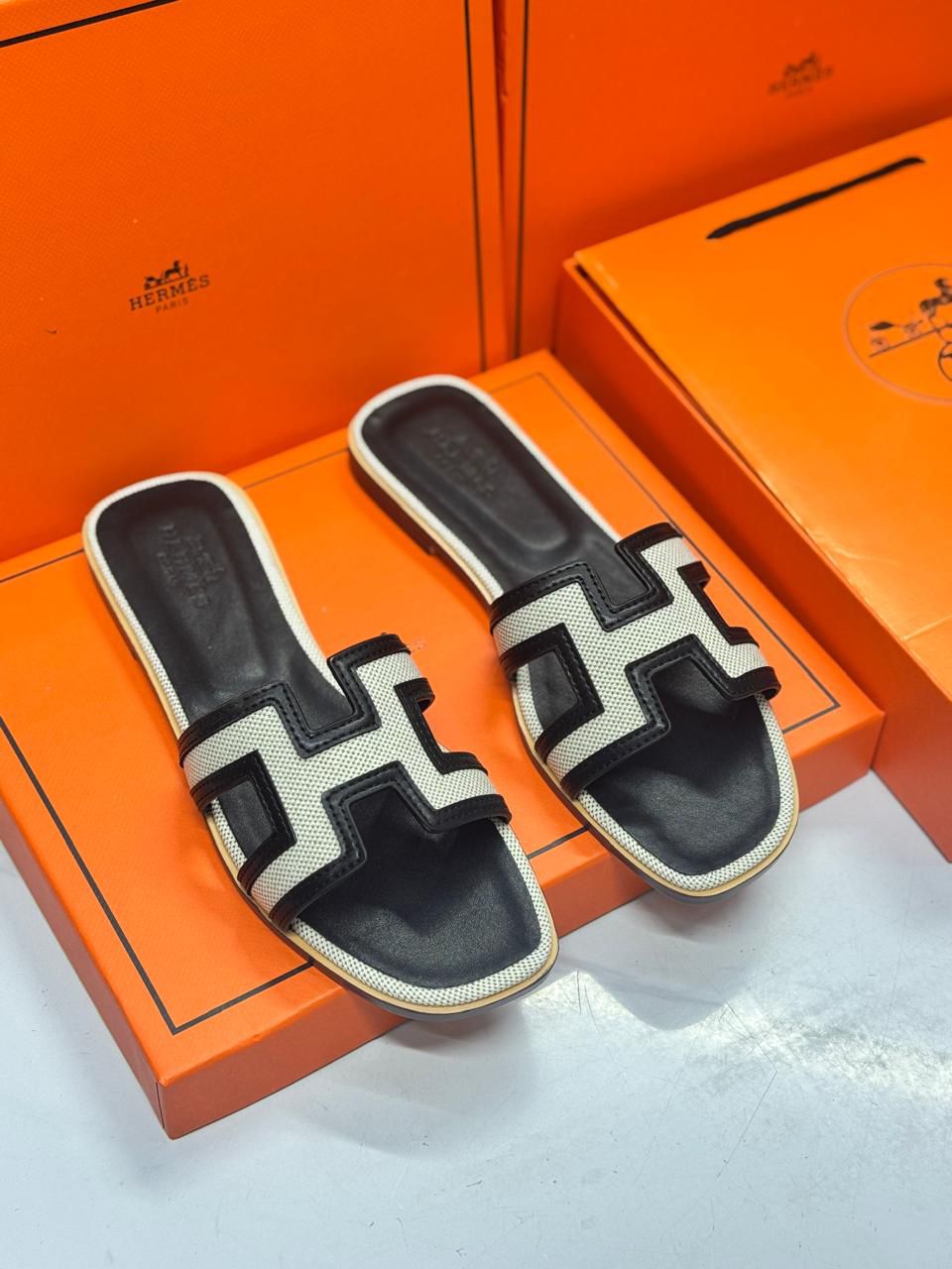 Hermès Oran Sandal (Canvas and Black Leather)