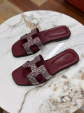 Burgundy Crystal H-Strap Sandal – Silver Embellished Luxury Flat