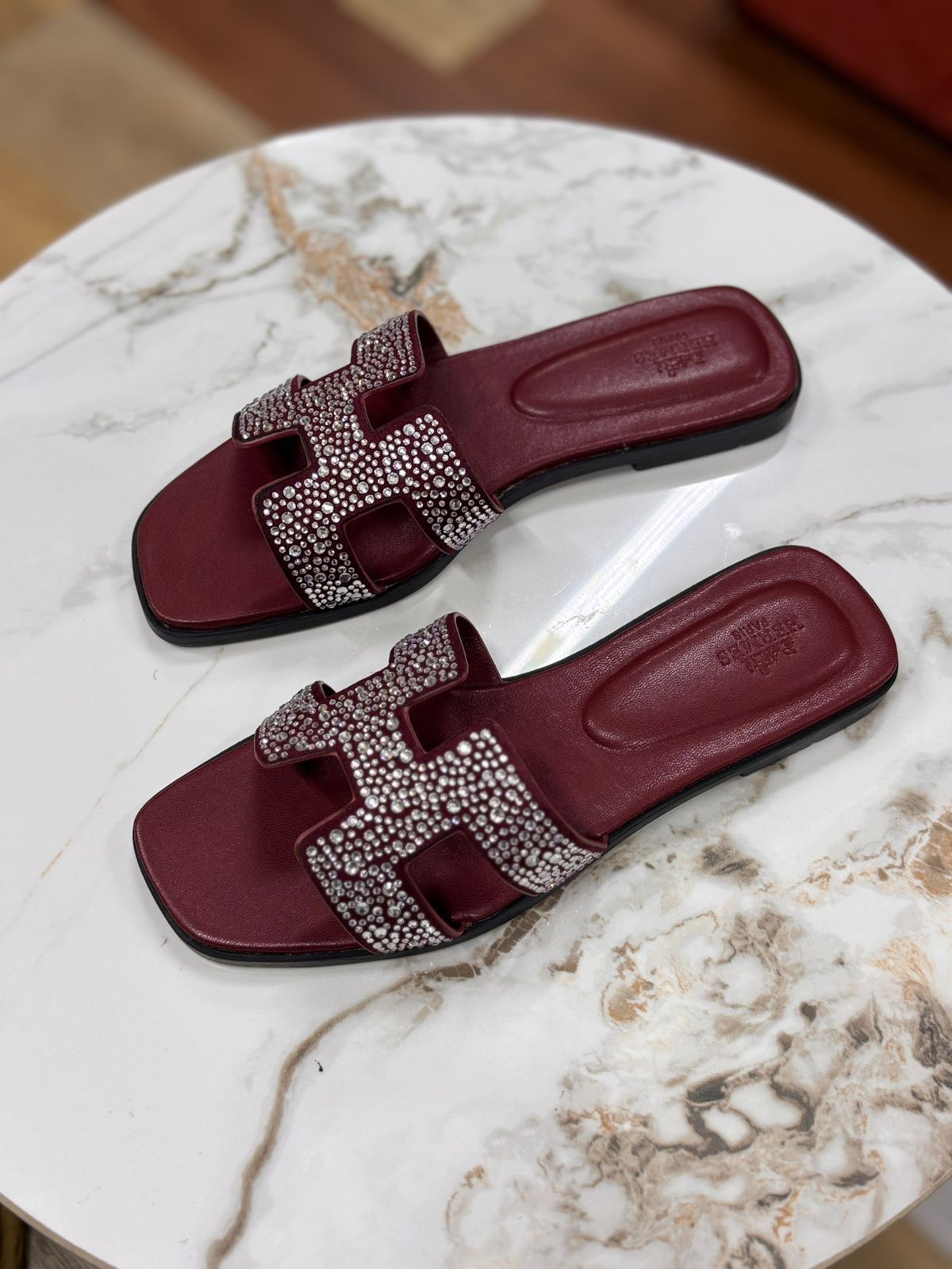 Hermès Oran Sandal (Burgundy with Silver Crystal Embellishments)