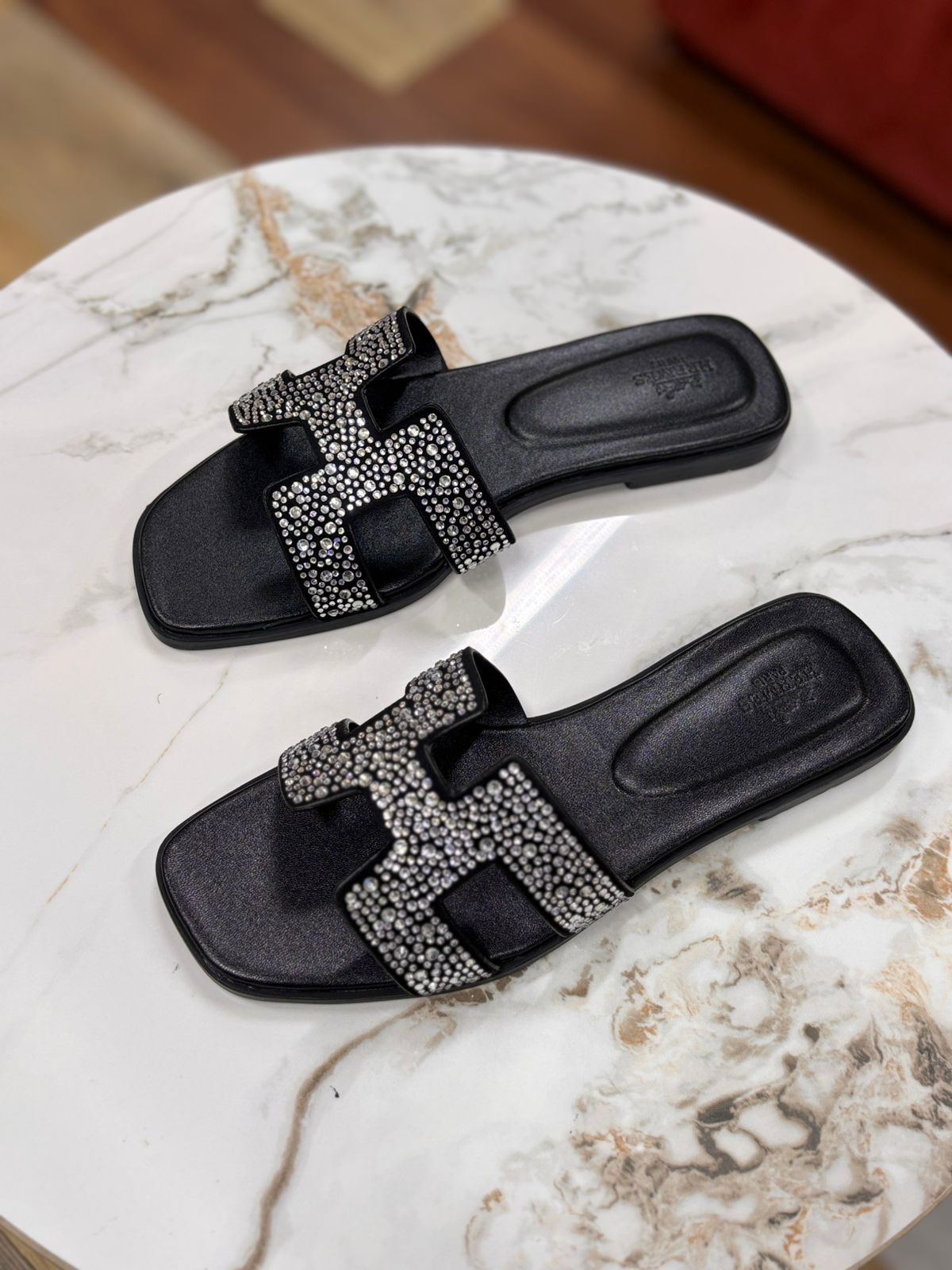 Hermès Oran Sandal (Black with Silver Crystal Embellishments)