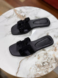 Tonal Black Crystal Sandal – Evening-Ready H-Cut Leather Flat