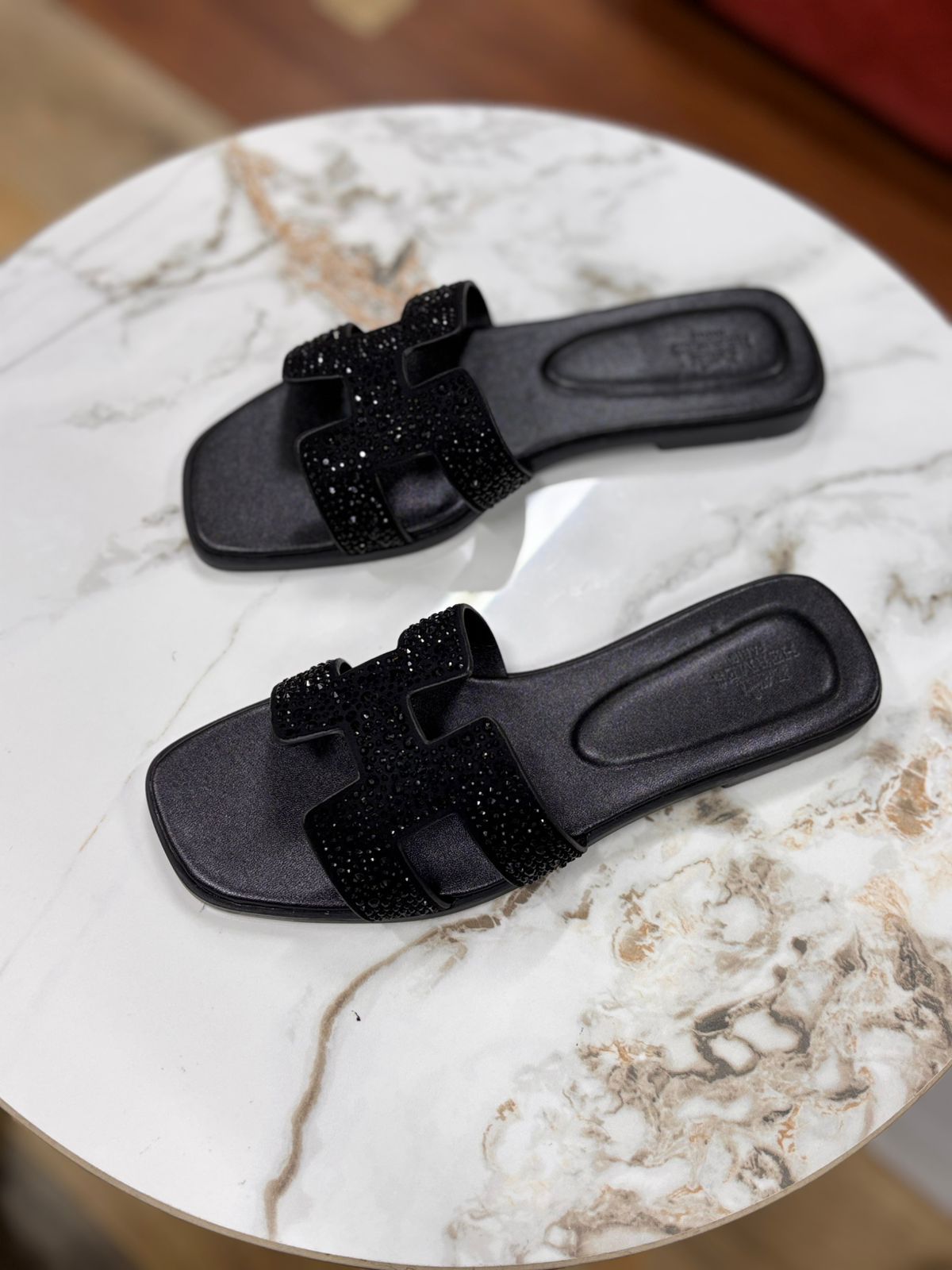 Tonal Black Crystal Sandal – Evening-Ready H-Cut Leather Flat