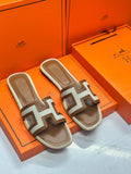 Summer Canvas Flat Sandal – Epsom Leather Trim H-Strap Slide