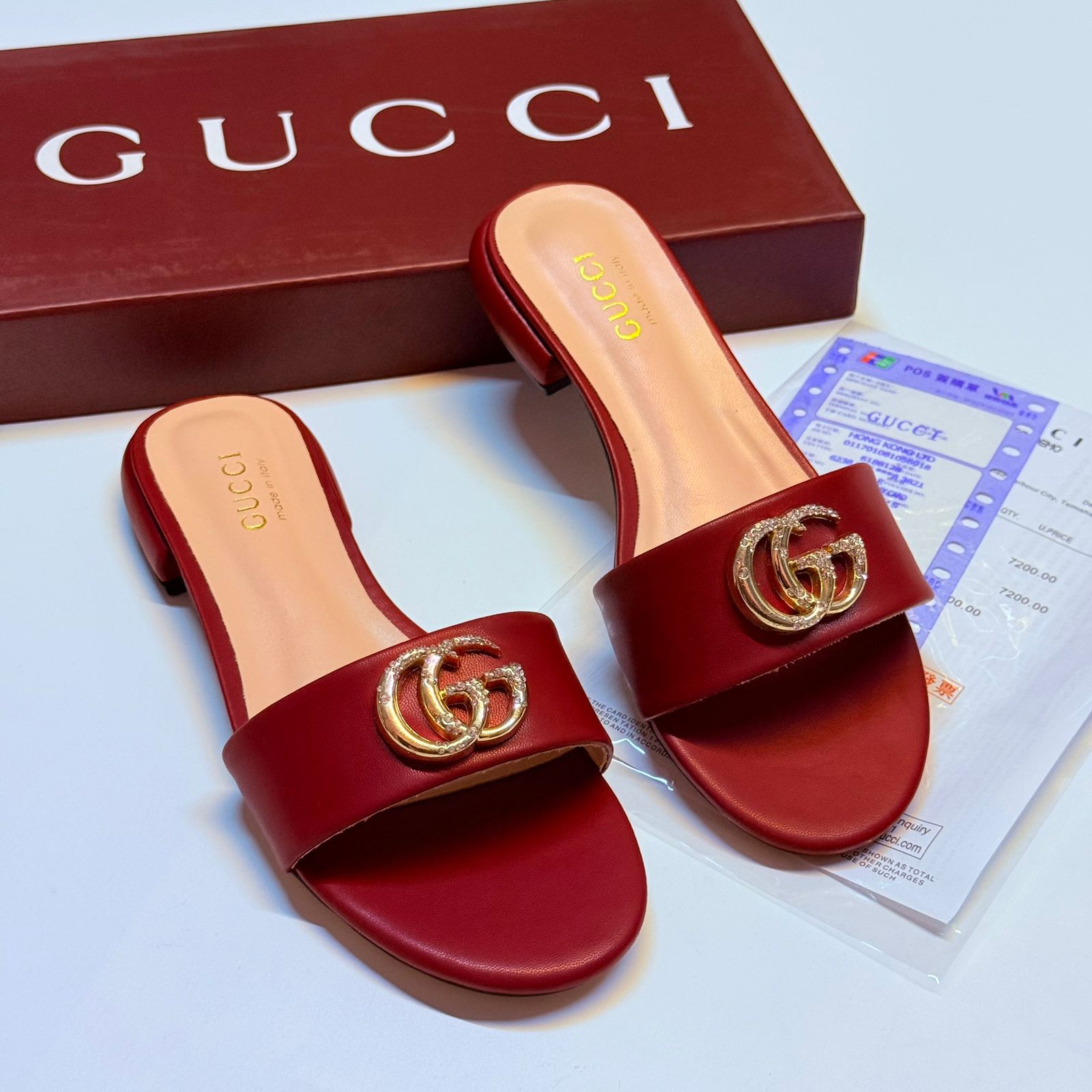Gucci Double G Slide Sandal with Crystals (Red)