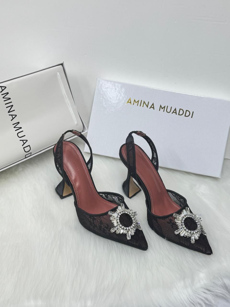 Amina Muaddi Begum Slingback Pumps (Black Lace)