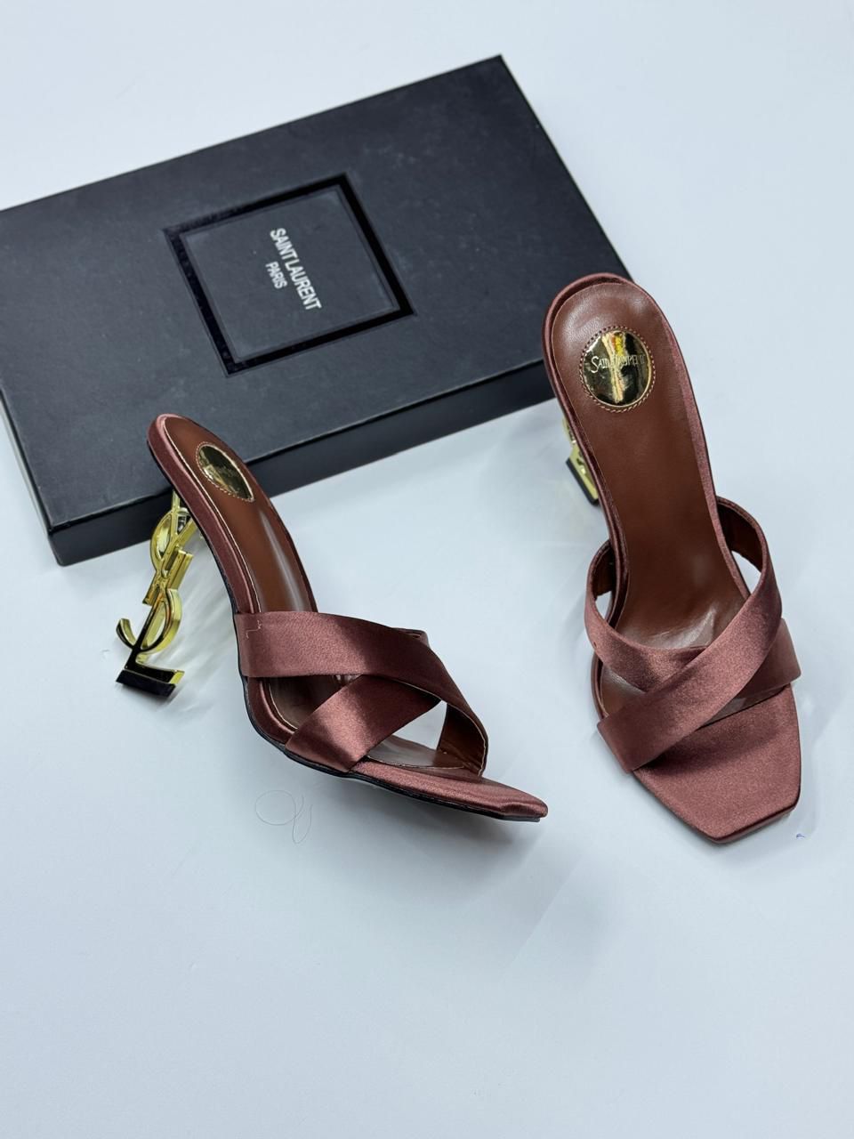 Saint Laurent Opyum Sandals in Satin (Moka/Brown)