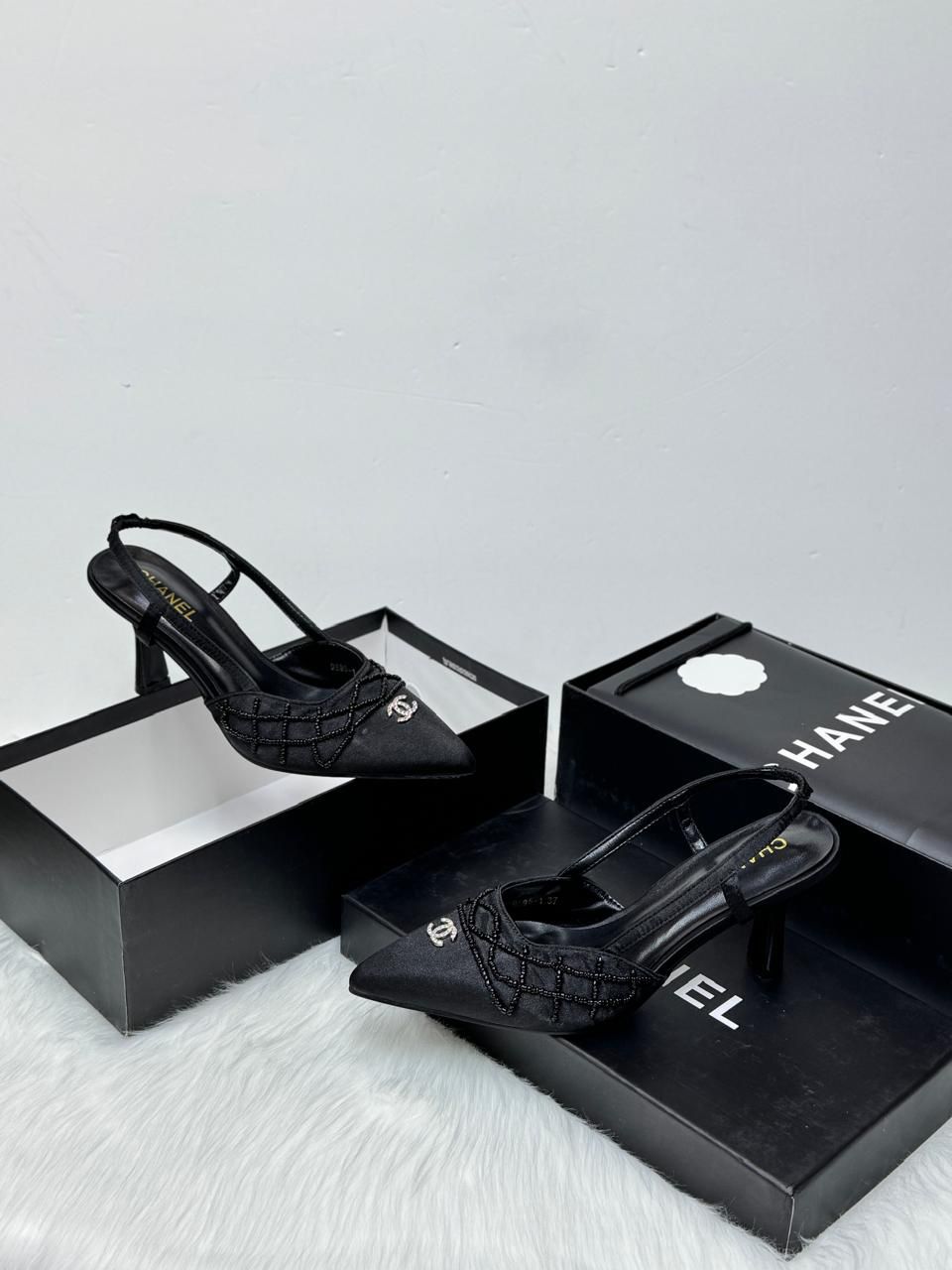 Chanel Beaded Satin Slingback Pumps (Black)