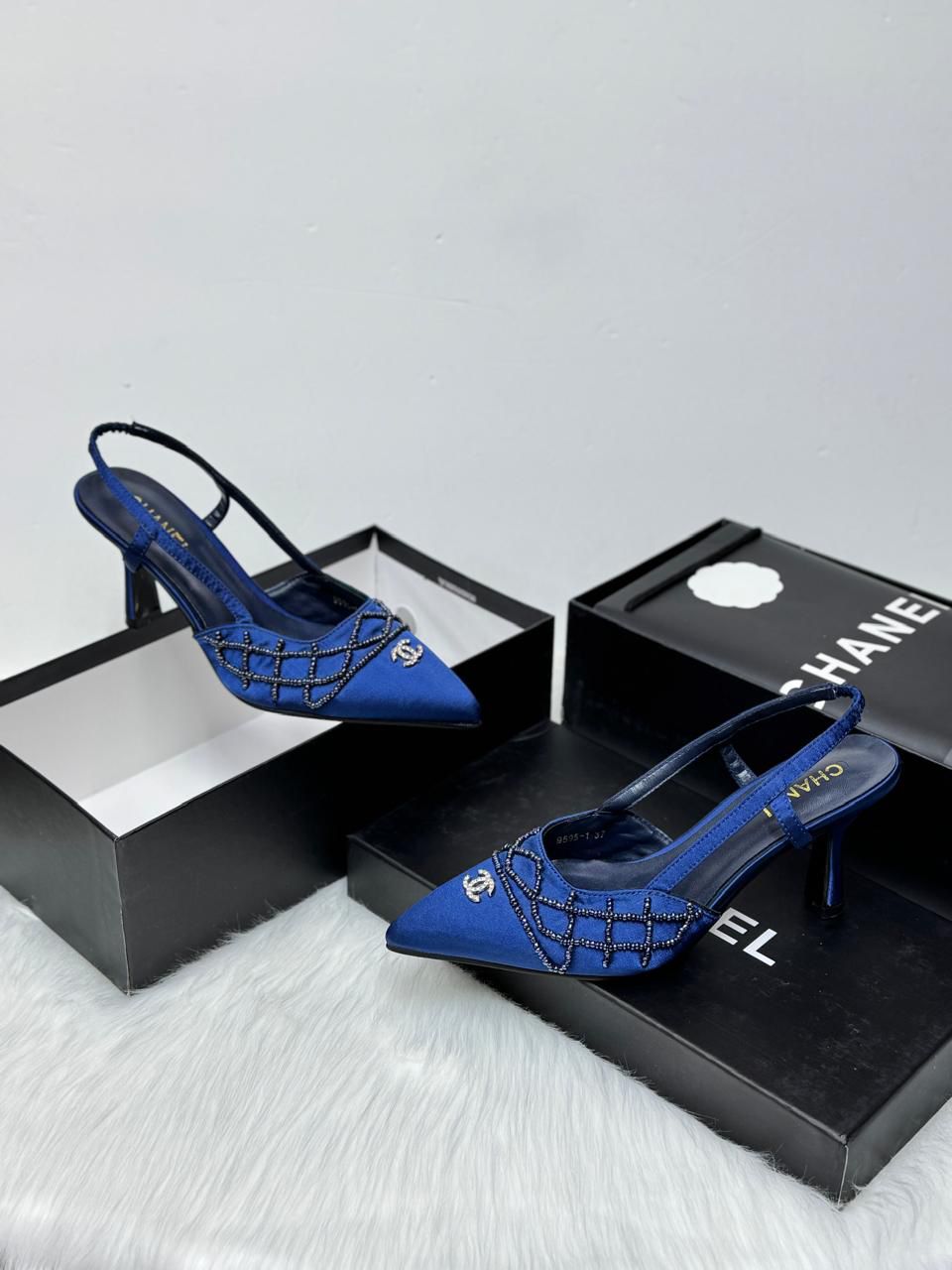 Chanel Beaded Satin Slingback Pumps (Blue)