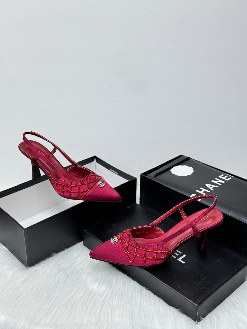 Chanel Beaded Satin Slingback Pumps (Burgundy/Pink)