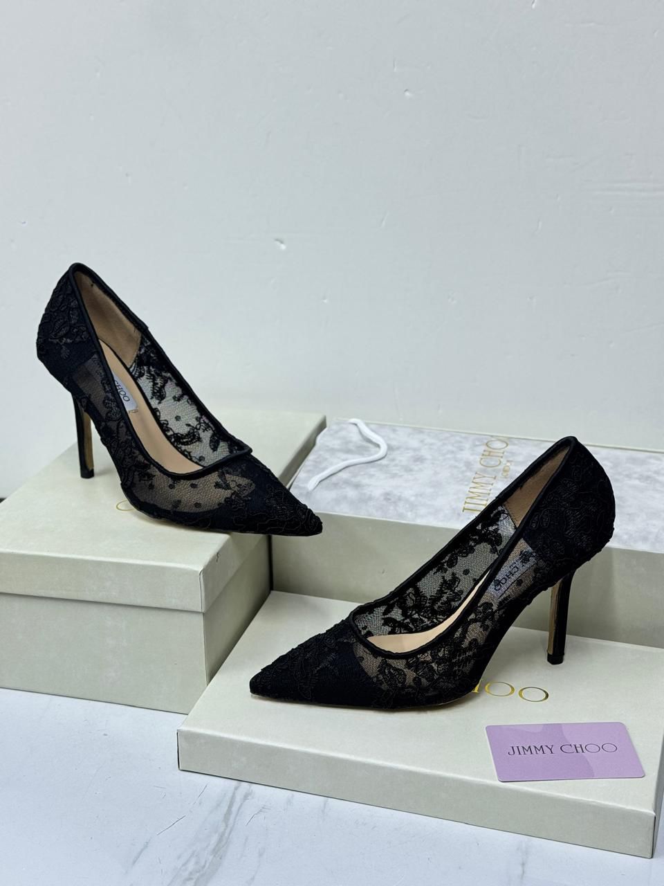 Jimmy Choo Romy 85 Lace Pumps (Black)