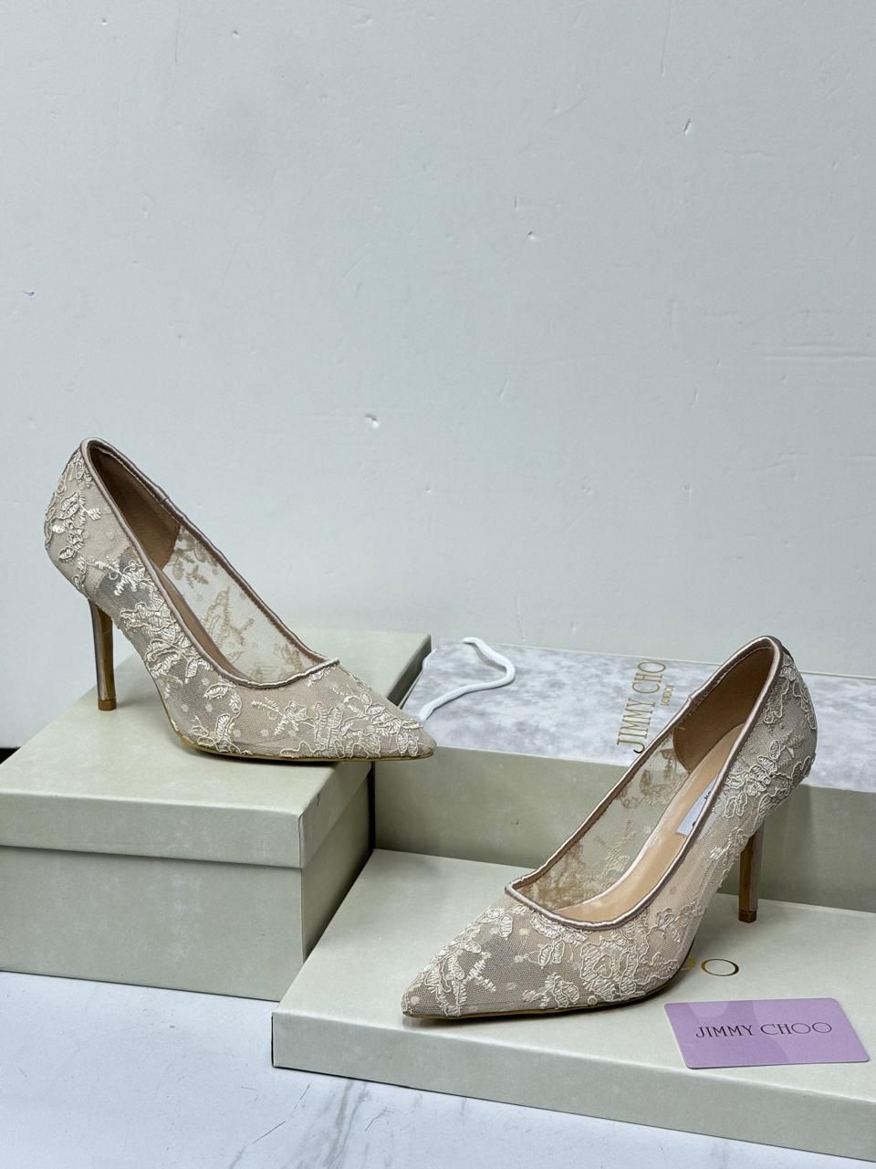 Jimmy Choo Romy 85 Lace Pumps (Beige/Nude)