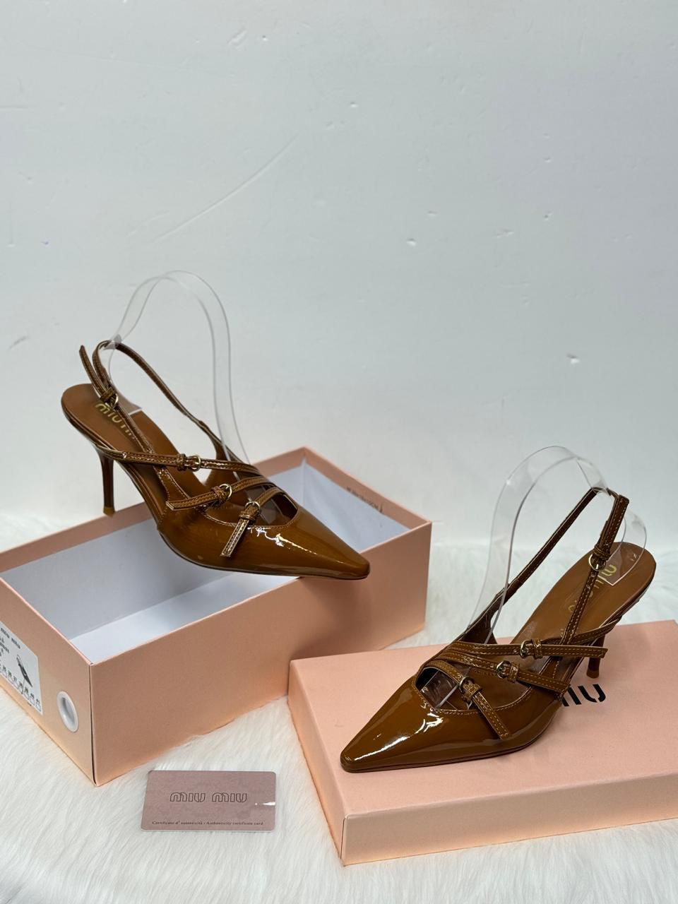 Miu Miu Patent Leather Slingback Pumps (Cognac/Brown)