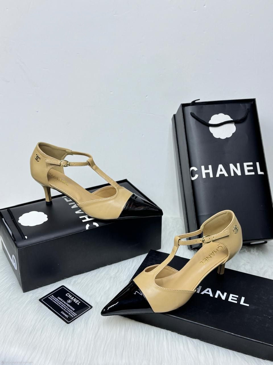 Chanel T-Strap Pumps (Beige/Black)