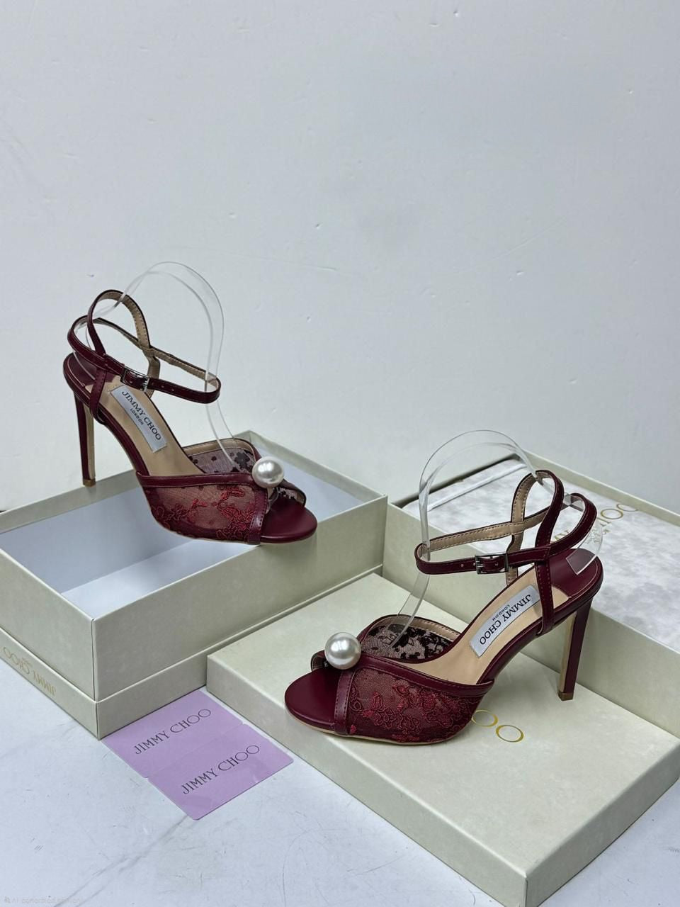 Jimmy Choo Sacaria 85 Lace Sandals (Burgundy/Wine)