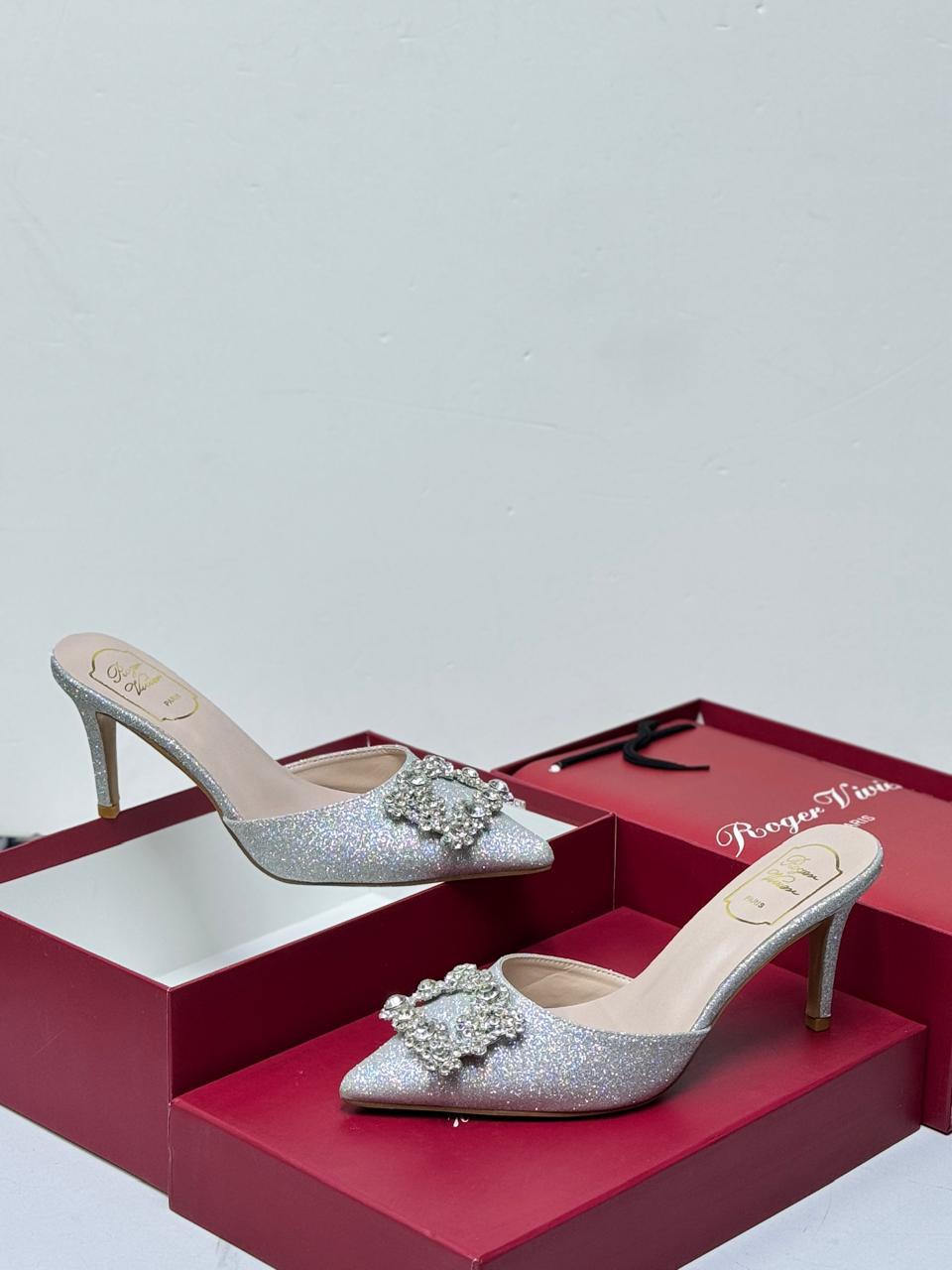 Roger Vivier Flower Strass Buckle Mules (Silver Glitter)