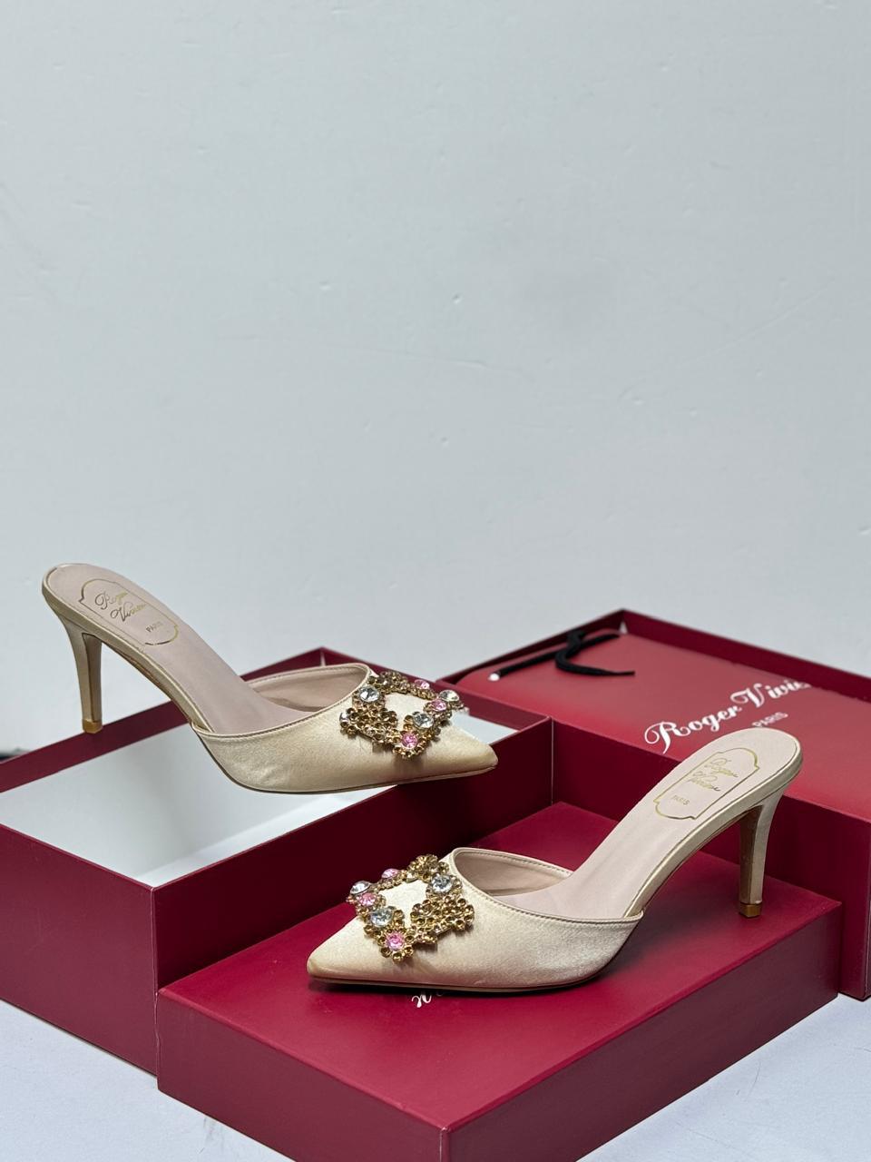 Roger Vivier Flower Strass Buckle Mules (Beige/Cream)