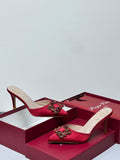 Roger Vivier Flower Strass Buckle Mules (Red)