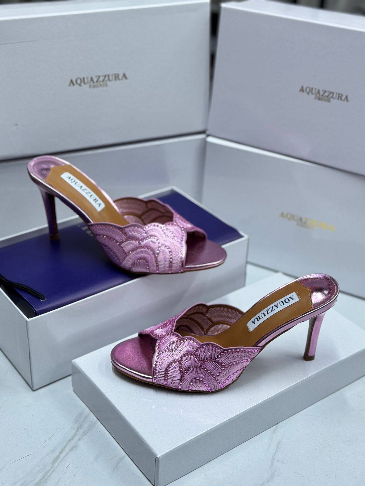 Aquazzura Gastby Mules (Metallic Pink)