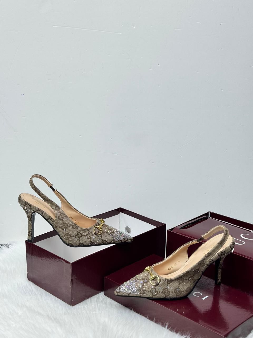 Gucci GG Canvas Horsebit Slingback Pumps (Beige/Ebony)