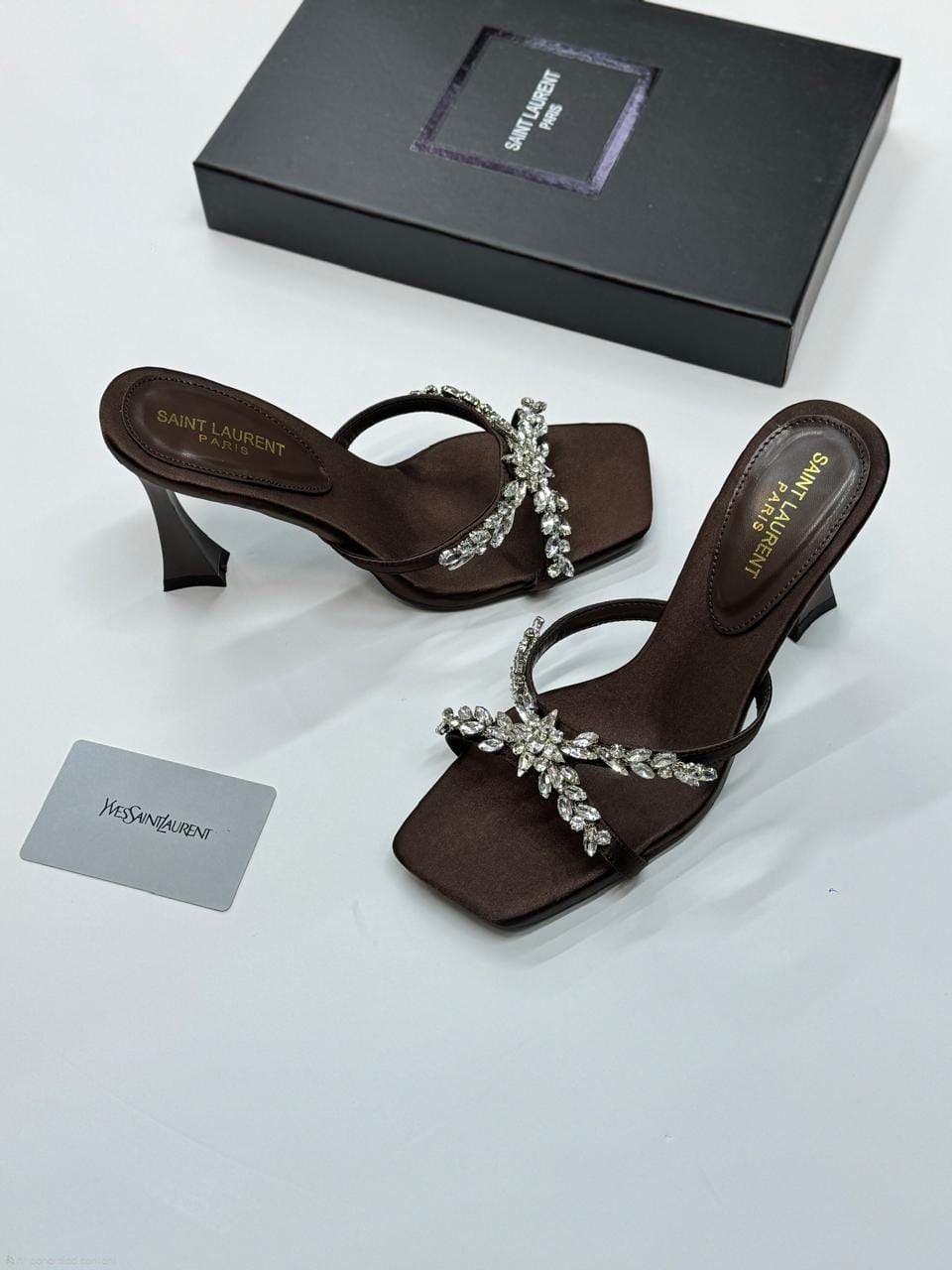 Saint Laurent J’Adore Crystal-Embellished Sandals (Chocolate Brown)