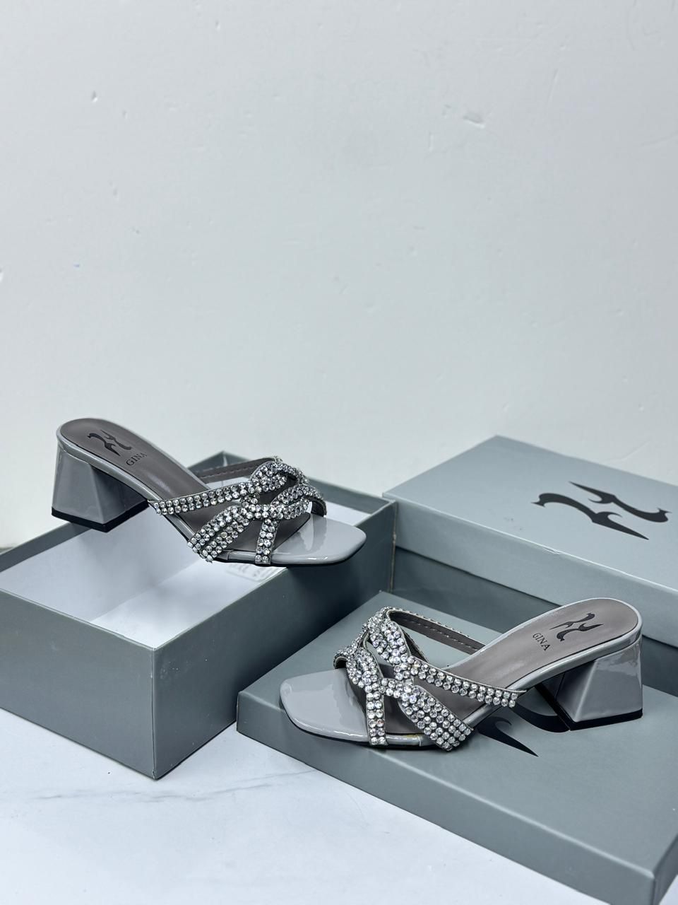 GINA Swarovski Crystal Knotted Block Mules (Grey)