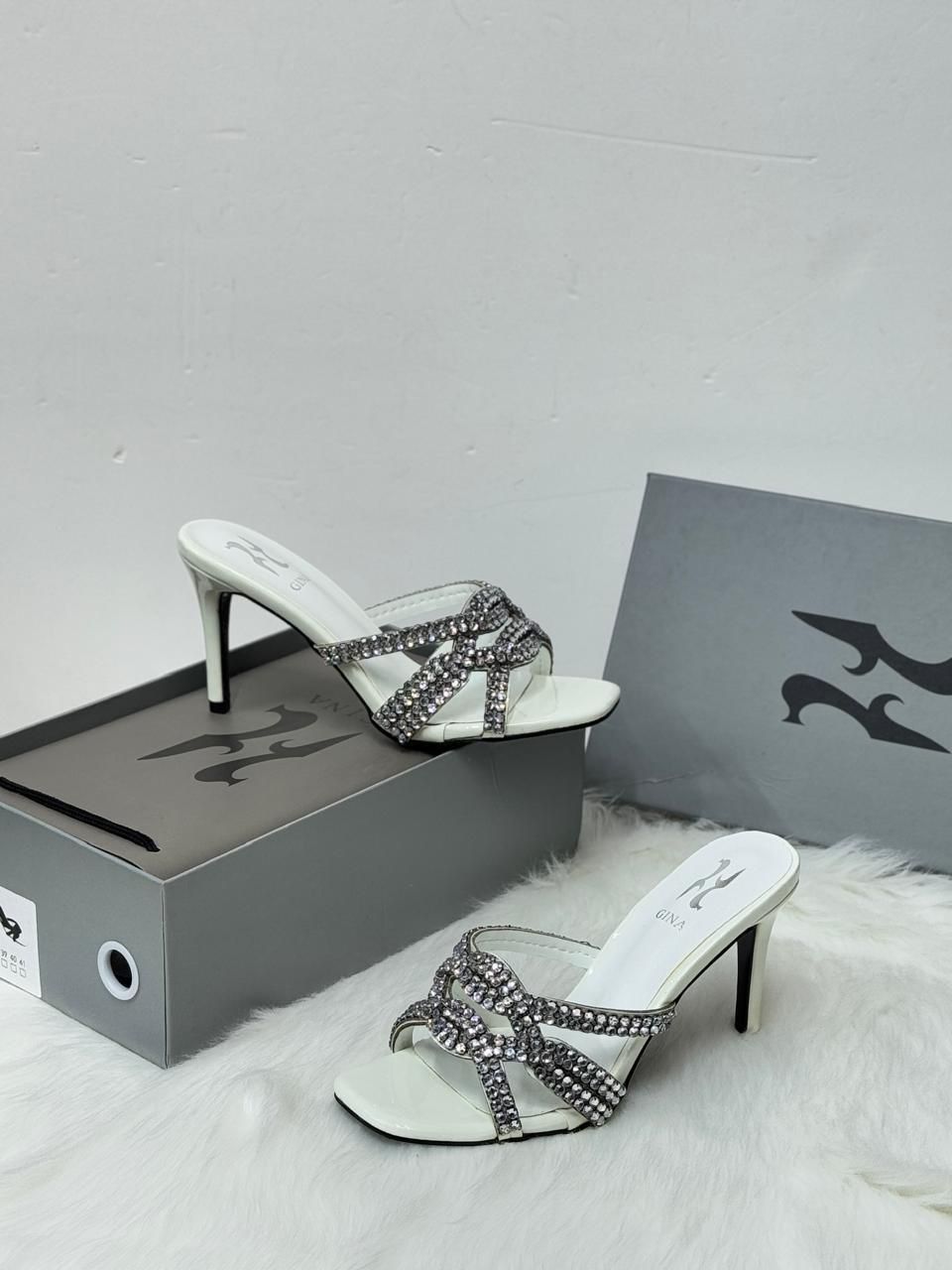 GINA Swarovski Crystal Knotted Mules (White/Silver)