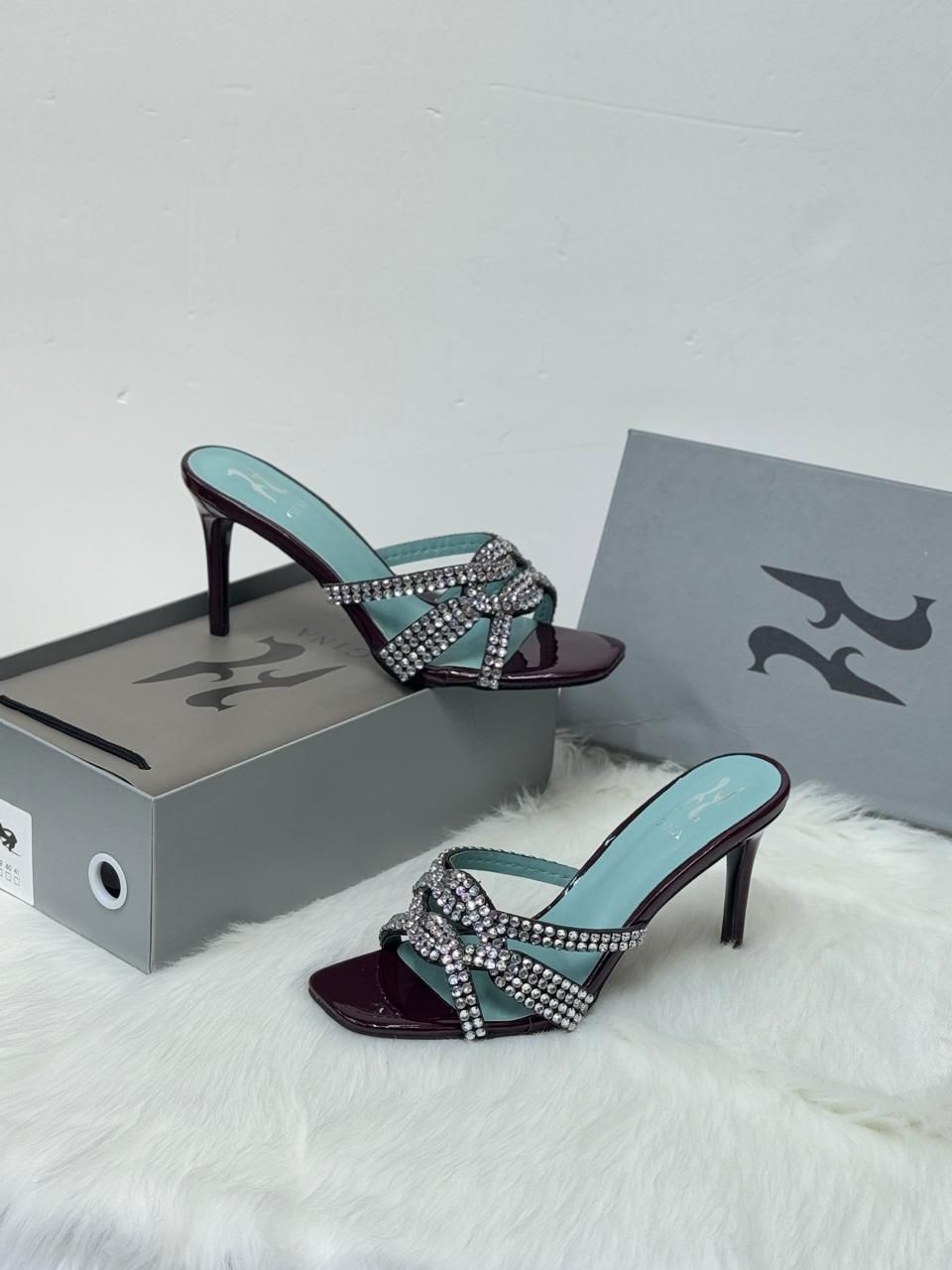 GINA Swarovski Crystal Knotted Mules (Burgundy/Turquoise)