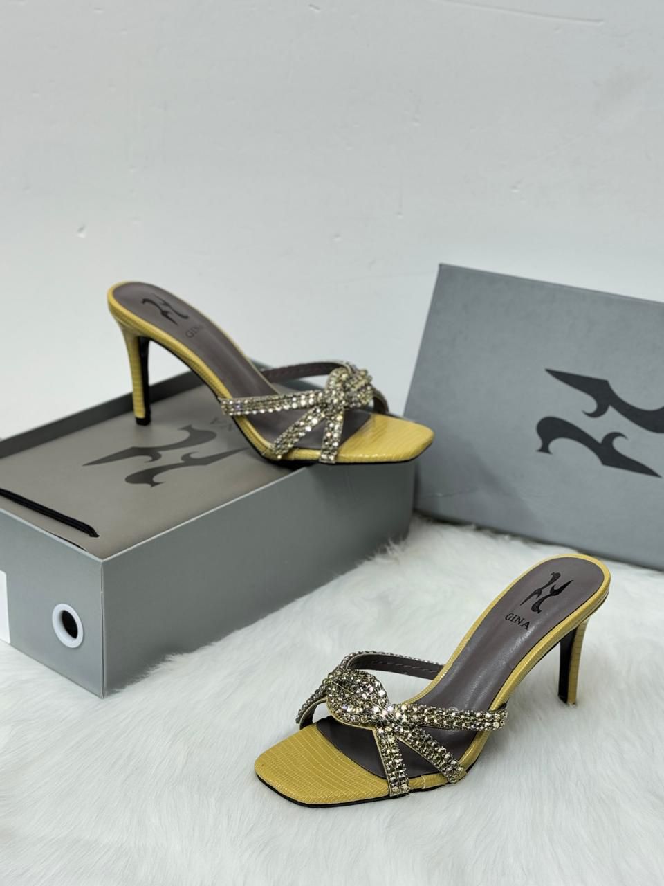 GINA Swarovski Crystal Knotted Mules (Yellow/Grey)
