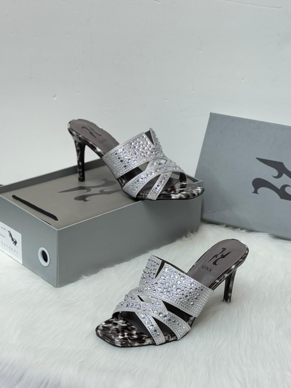 Gina Crystal-Embellished Heeled Mules (Silver/Black Marble)
