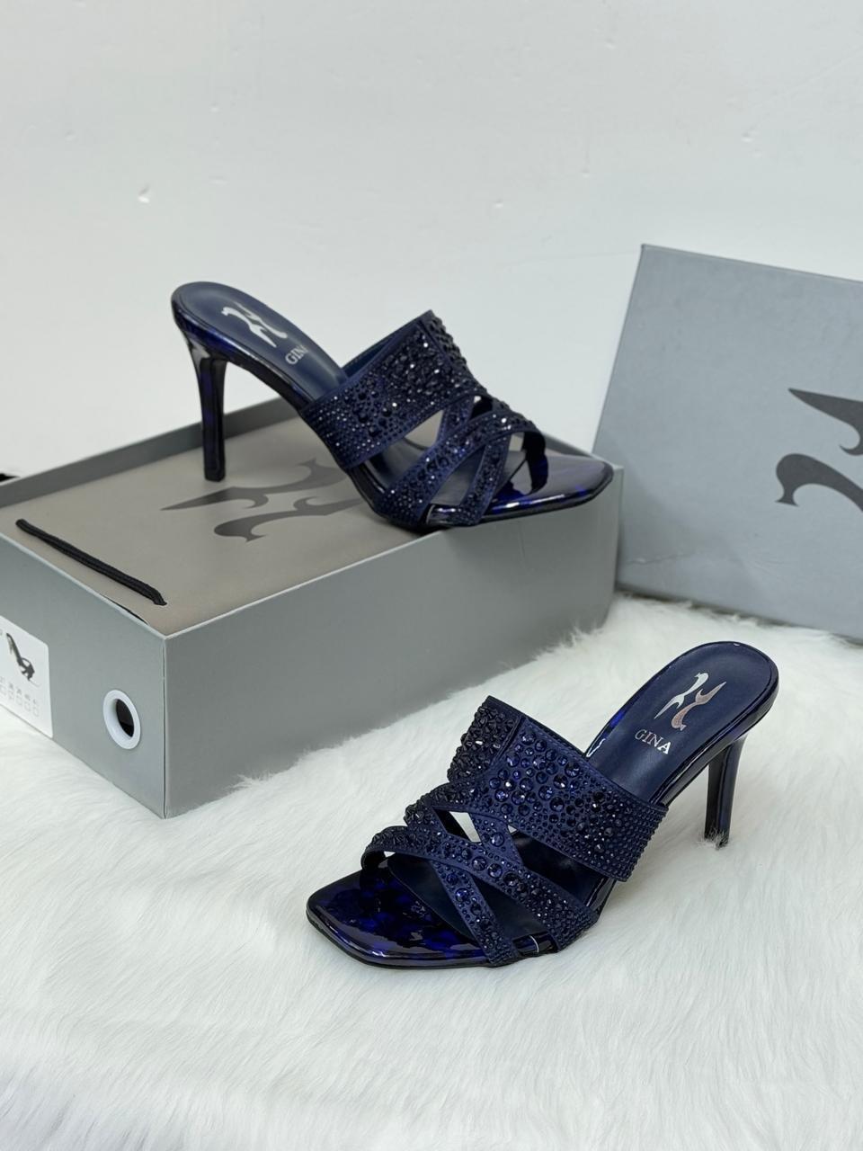 Gina Crystal-Embellished Heeled Mules (Midnight Blue)