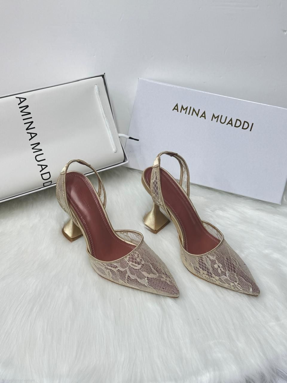 Amina Muaddi Rosie Slingback Pumps (Gold Lace)
