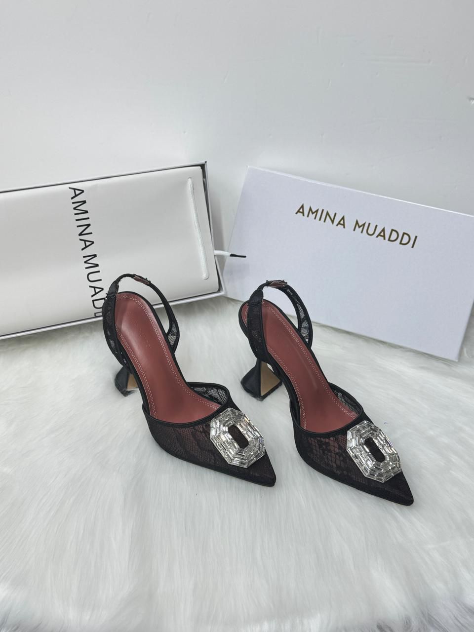 Amina Muaddi Begum Slingback Pumps (Black Lace)