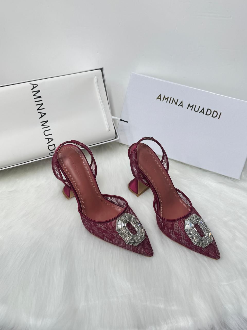 Amina Muaddi Begum Slingback Pumps (Burgundy Lace)