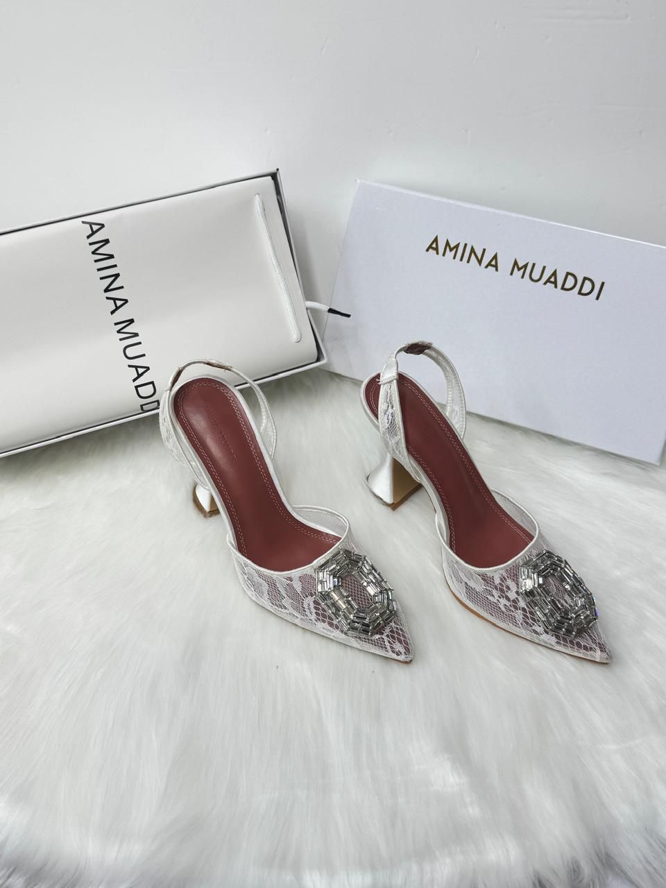Amina Muaddi Begum Slingback Pumps (White Lace)