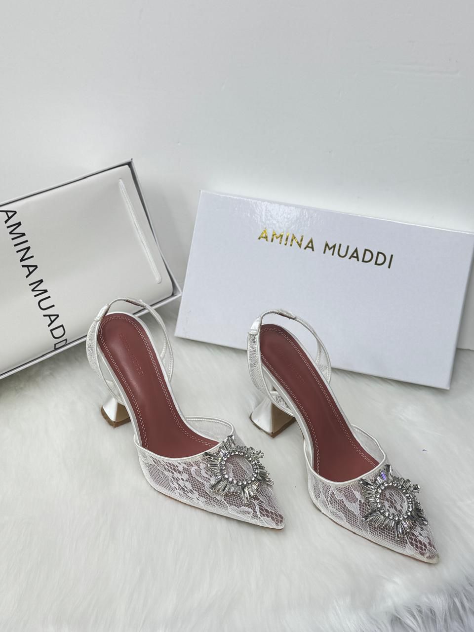 Amina Muaddi Begum Slingback Pumps (White Lace)