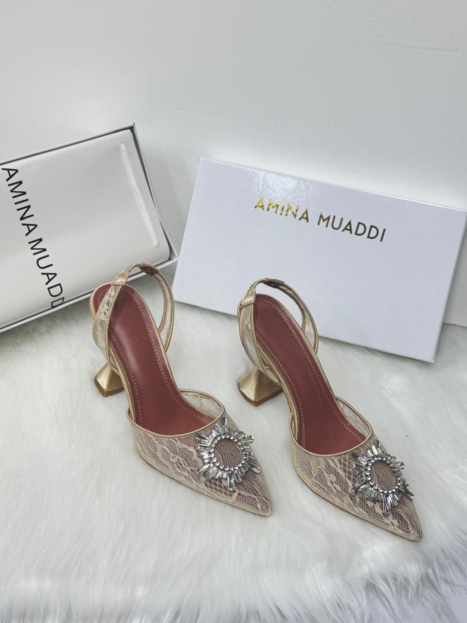 Amina Muaddi Begum Slingback Pumps (Gold Lace)