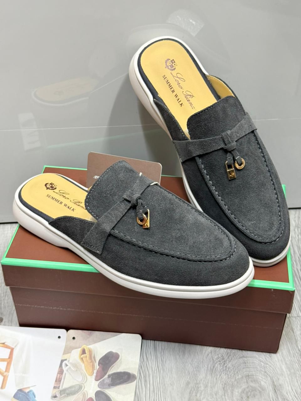 Loro Piana Summer Walk Charms Mules (Dark Grey/Charcoal)