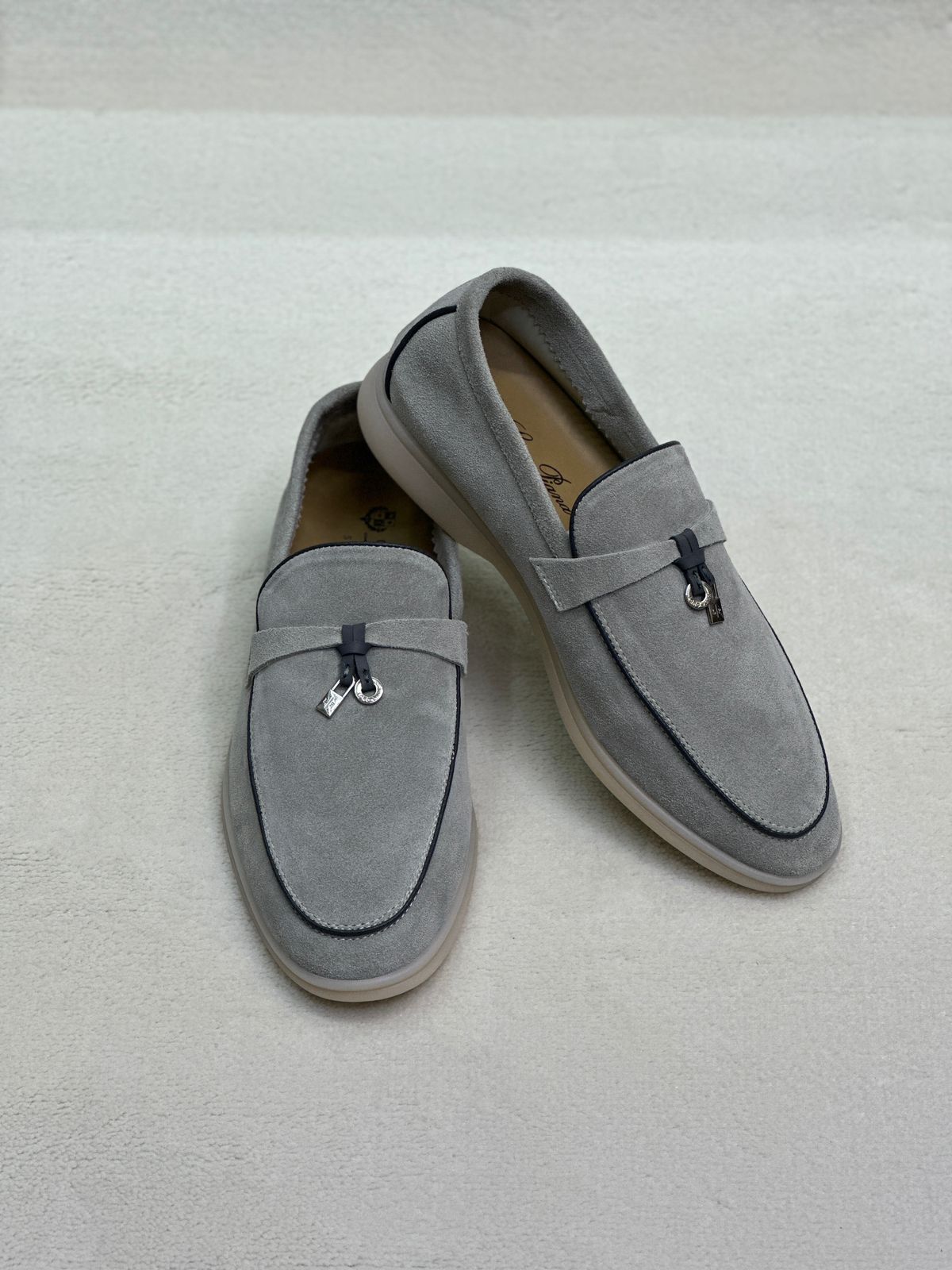 Loro Piana Summer Walk Loafer (Grey Suede / Black Piping)