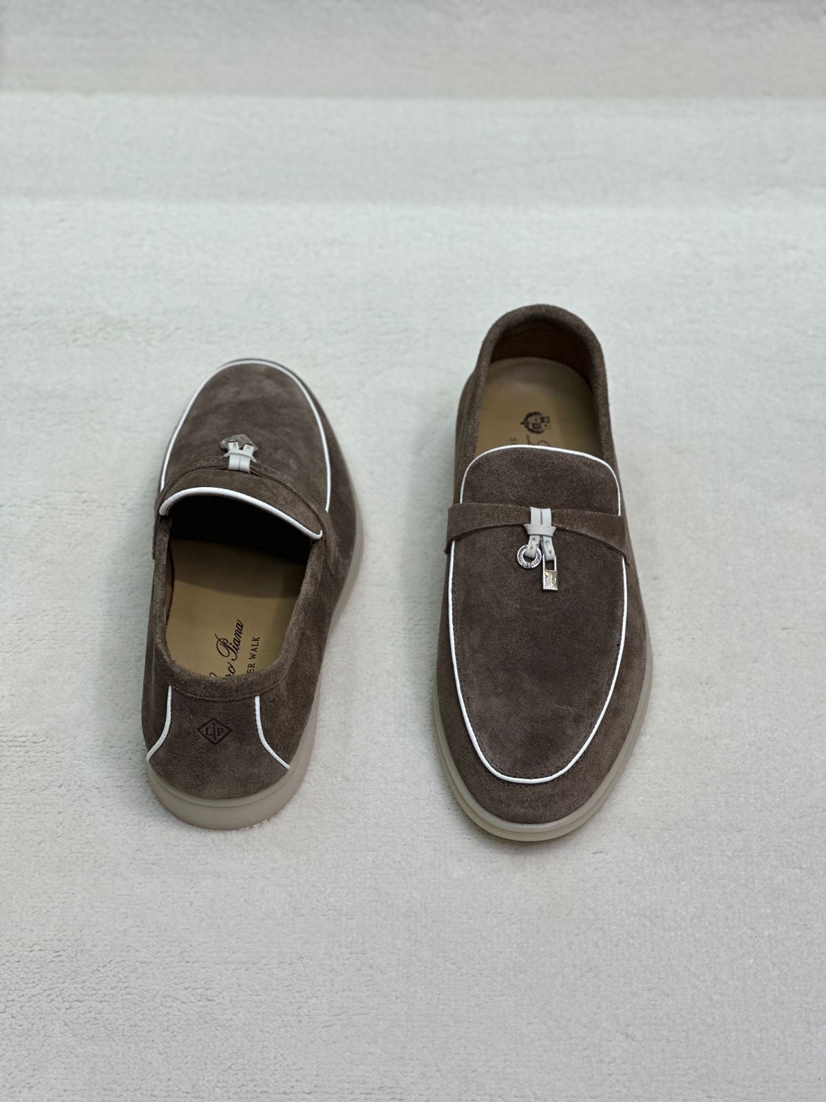 Loro Piana Summer Charms Walk Loafers (Chocolate Brown/White Piping)