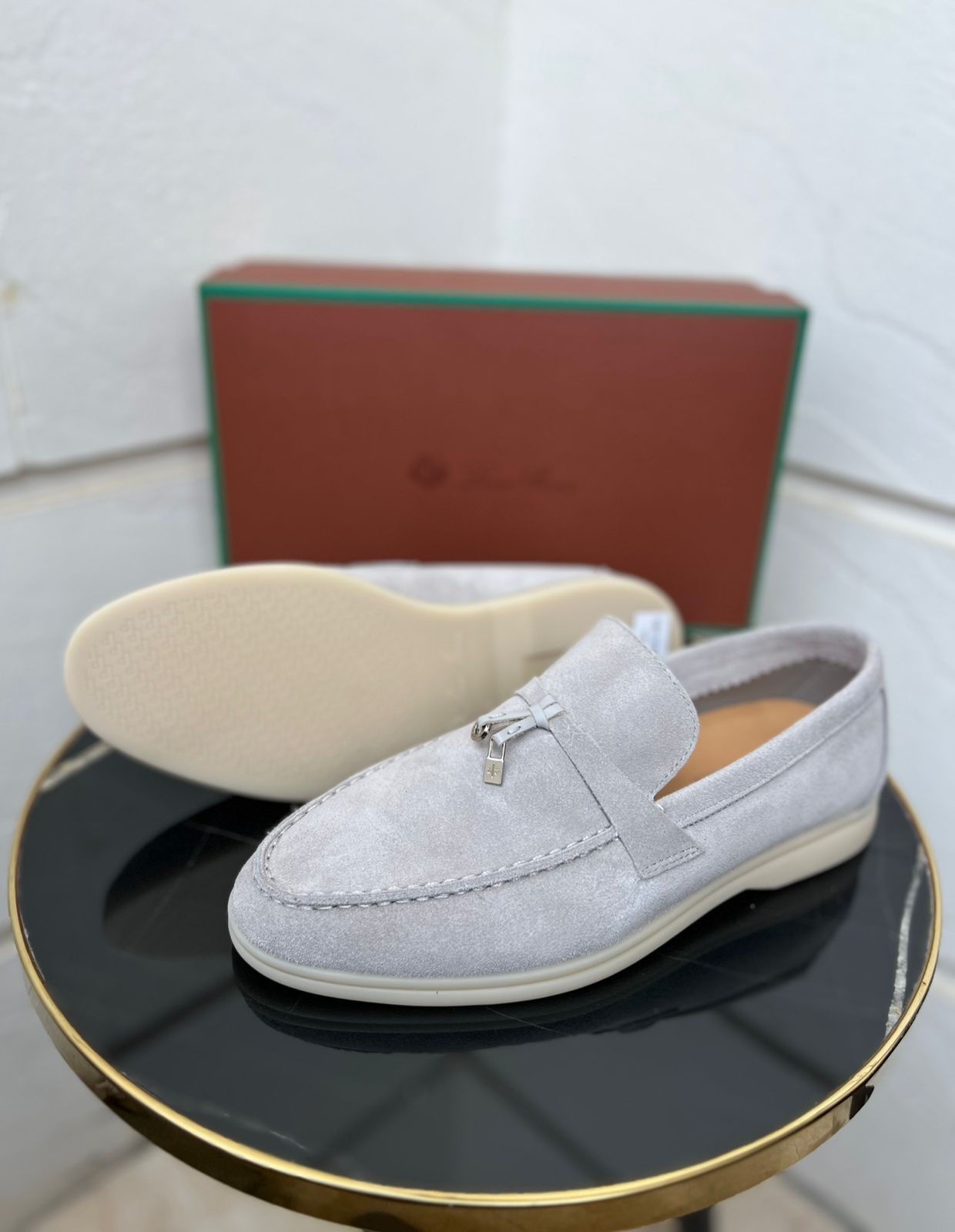 Loro Piana Summer Charms Walk Loafers (Light Grey/Pear)