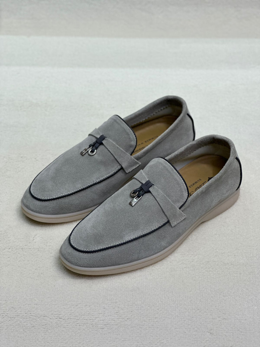 Loro Piana Summer Walk Loafer (Grey Suede / Black Piping)